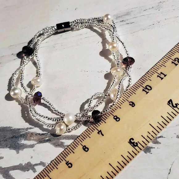 Hand Crafted Freshwater Pearl Austrian Crystal White Purple Twist Bracelet - Picture 8 of 8